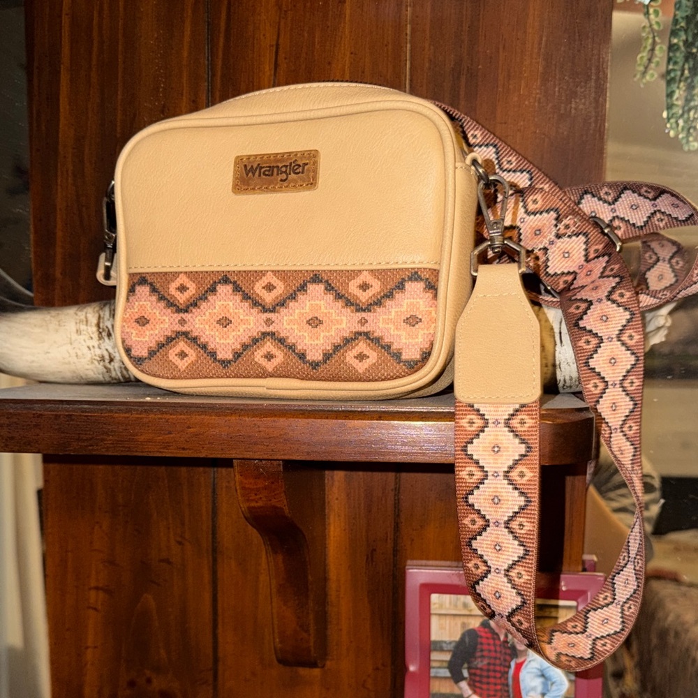 Wrangler Beige Crossbody Bag with Pink and Brown Patterned Strap